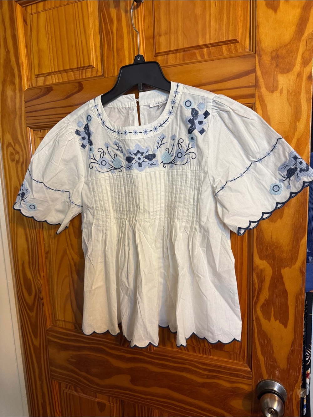 White Cotton Embroidered Peasant Blouse with Blue Floral Detail